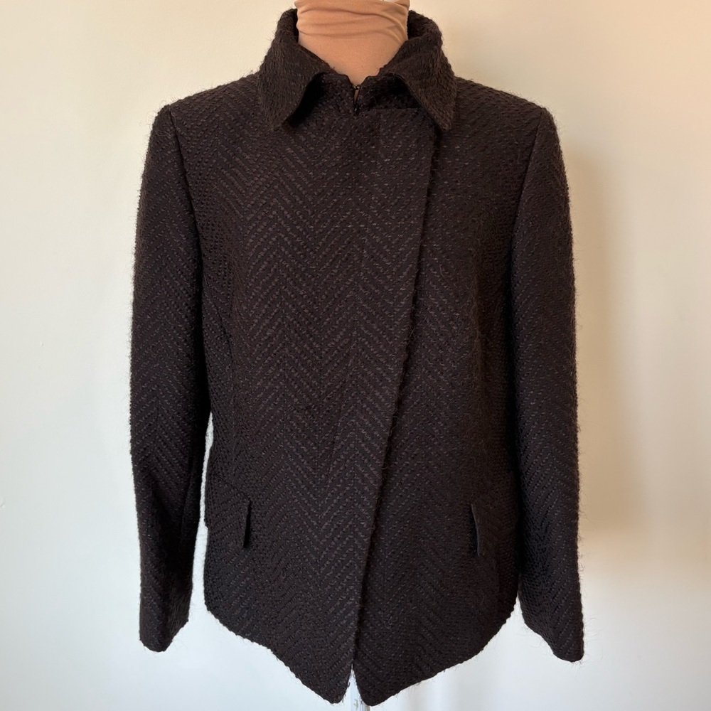 Akris Wool Blend Herringbone Woven Brown Hidden Button Placket Jacket Size US 12 - Picture 2 of 13